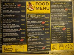 Menu with new vegan options and prices as of August 2023 at Cocorico Hostel in San Vicente Palawan