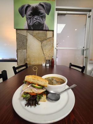 Today's special: kohlrabi veggie stack on in-house focaccia with Caribbean black eyed bean soup! at The Hungry Pug Cafe in Kenora