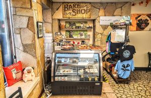 The bakery! All bakery items are vegan - small retail section with vegan marshmallows, tunah, shirts, tea, cheeses, etc at The Hungry Pug Cafe in Kenora