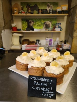 Strawberry Banana cupcakes - vegan + GF at The Hungry Pug Cafe in Kenora