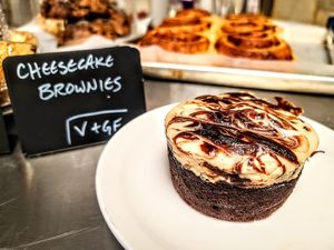 Cheesecake brownies.. vegan and gluten free! Enough said at The Hungry Pug Cafe in Kenora