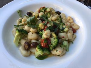 gnocchi with olives, semi dried tomatoes, broccoli, basil and fennel at Little Deer Tracks in Coburg