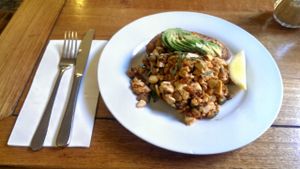zucchini, tomato and scrambled tofu with avocado on ciabatta at Little Deer Tracks in Coburg