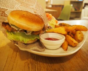 best burger: vegan fish burger  at Morpho Cafe in Kyoto