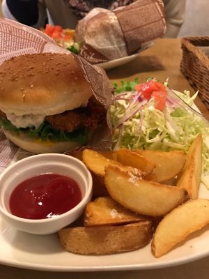 Vegan fish burger  at Morpho Cafe in Kyoto