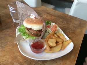 Vegan Hamburger with French fries at Morpho Cafe in Kyoto