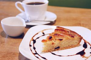 Vegan apple tart with coffee at Morpho Cafe in Kyoto