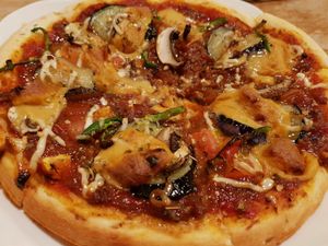 Pizza with eggplant at Morpho Cafe in Kyoto