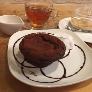 Perfect chocolate cake with soy whipped cream, darjeeling tea and beet sugar at Morpho Cafe in Kyoto