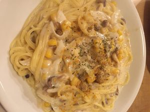 Soy milk cream pasta. Tasty, but mushrooms and corn were a surprise. at Morpho Cafe in Kyoto