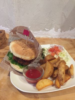 Soy burger at Morpho Cafe in Kyoto