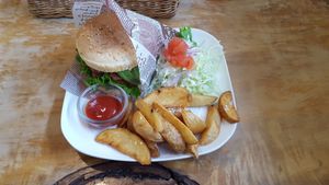 burger and fries at Morpho Cafe in Kyoto