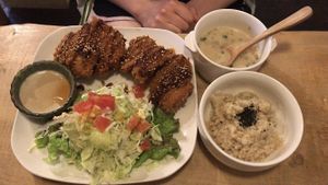 Tofu croquettes with soup, salad, and rice at Morpho Cafe in Kyoto