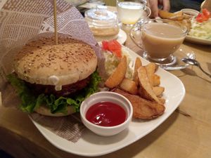 Vegan soy burger and Earl Grey tea with soy milk at Morpho Cafe in Kyoto