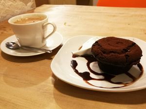 Chay latte and chocolate cake at Morpho Cafe in Kyoto