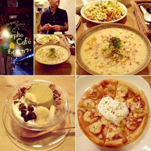 Taco rice, vegan ramen, green tea parfait and banana pizza. at Morpho Cafe in Kyoto