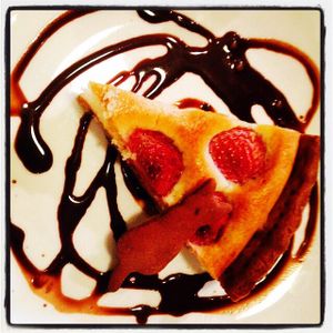 dessert with the lunch set. Strawberry tart. See the cat cookie  at Morpho Cafe in Kyoto