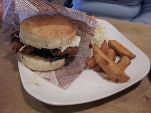 Fish burger at Morpho Cafe. at Morpho Cafe in Kyoto