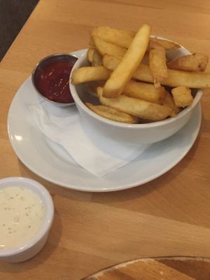 Side of fries. Great thickness and not saturated in oil like the starter side of potatoes. The ranch is on the thinner side. (I prefer that). at Real Food Daily - Pasadena in Pasadena
