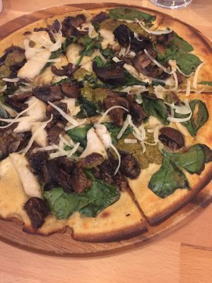 The mushroom pizza with GF crust. I’ve had the regular crust as well, and they’re both delicious. This pizza is a MUST if you love mushrooms. at Real Food Daily - Pasadena in Pasadena