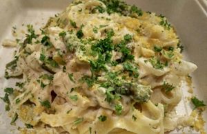 TAGLIATELLE ALFREDO: Italian pasta, cashew cream sauce, asparagus, broccoli, parsley, macadamia parmesan (to go) at Real Food Daily - Pasadena in Pasadena