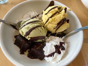 Brownie and mango and pistachio ice cream dessert! ( vegan)   at Real Food Daily - Pasadena in Pasadena