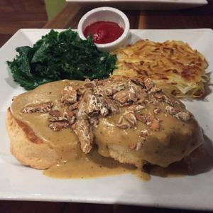 biscuits and gravy, hash browns, kale  at Real Food Daily - Pasadena in Pasadena