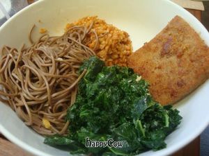 basic 4 bowl with seitan cutlet, garlicky greens, soba noodles and Spanish rice at Real Food Daily - Pasadena in Pasadena