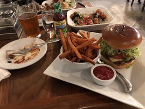 Burger and nacho tots  at Real Food Daily - Pasadena in Pasadena
