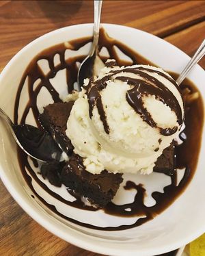 Brownie with ice cream on top at Real Food Daily - Pasadena in Pasadena