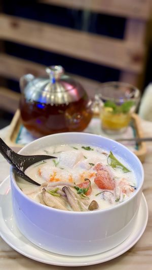 Coconut Tom Yum Soup, Mango Passionfruit Tea at Bangkok Jam - Great World City in Central Singapore