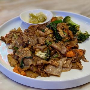 Vegan Stir-Fried Kway Teow with OnlyEg and Black Soy Sauce Veggies at Bangkok Jam - Great World City in Central Singapore