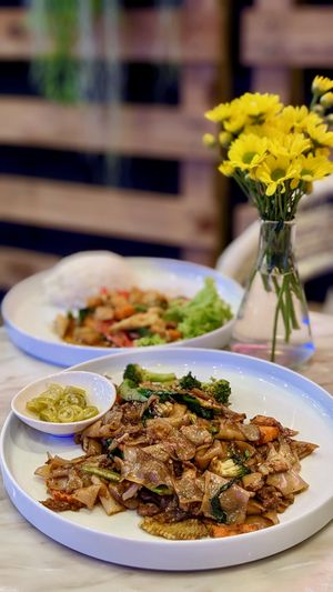 Vegan Stir-Fried Kway Teow with OnlyEg and Black Soy Sauce Veggies,  Ka Pow with OnlyEg & Basil Tofu at Bangkok Jam - Great World City in Central Singapore