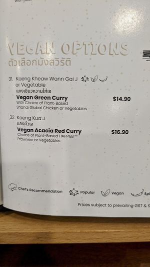 Vegan options (curry) now in separate section of each menu page. Allium-free options labelled at Bangkok Jam - Great World City in Central Singapore
