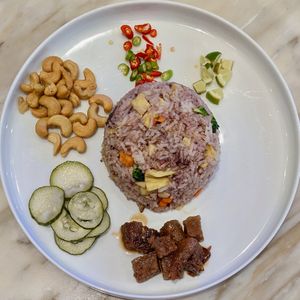 Vegan Olive Fried Rice with OnlyEg and Love Handle Chicken at Bangkok Jam - Great World City in Central Singapore