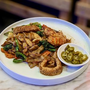 Vegan Stir-Fried Kway Teow with OnlyEg and Happiee Seafood at Bangkok Jam - Great World City in Central Singapore