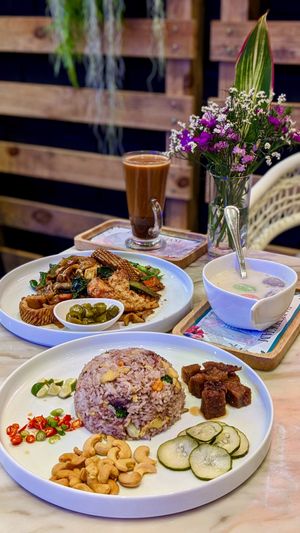 Vegan Olive Fried Rice with OnlyEg, Vegan Stir-Fried Kway Teow with OnlyEg, Coconut Dumplings, Vegan Thai Milk Tea at Bangkok Jam - Great World City in Central Singapore
