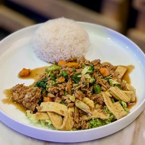 Vegan Classic Stir-Fried Thai Minced Basil with OnlyEg at Bangkok Jam - Great World City in Central Singapore