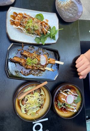 The starters: gyoza, mushroom skewers, soy meatballs and edamame hummus  at Iro Izakaya Vegan in Berlin