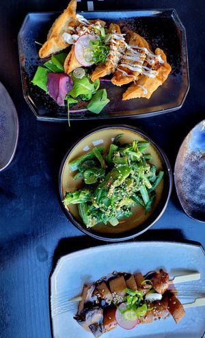 Gyozas, mustard spinach in sesame dressing at Iro Izakaya Vegan in Berlin