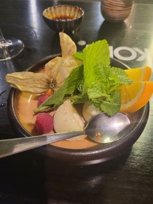 Mochi was okay, but more fruit and mint than mochi itself at Iro Izakaya Vegan in Berlin