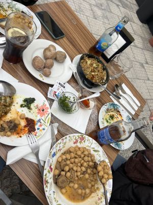 We had the papa arrugadas with mojo verde y rojo, tortilla with vegetables, chickpeas with mushrooms and we sadly forgot the name of the last dish.. it was something with flour😄 at TascAndrés in Tenerife