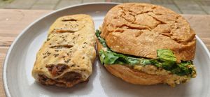 Sausage roll and chickpea 'tuna' sandwich. So good. at WAVE in North London