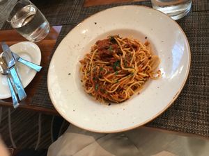 Vegan spaghetti Bolognese  at YEW Restaurant + Bar in Vancouver
