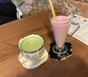 Matcha Latte & Strawberry smoothie   at Fune Ethical Lifestyle in Kyoto