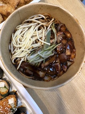 Spaghetti noodles with Jjajangmyeon. Very saucy.  at KHUN VEGAN in Khon Kaen