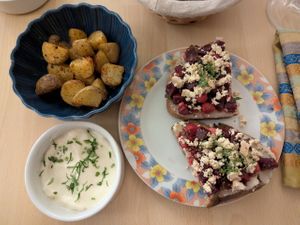 Potatoes with aioli dip; beet-feta (vegan) sandwich at Les Halles de la Transition in Toulouse