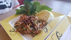 Yam Nam Khaw Tod (Thai spicy & sour assorted rice mixed curry deep fried n E-sarn preserved mock pork) at Talalask - Central World Mall in Bangkok