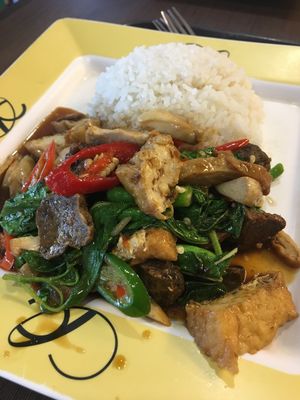 Pad kra pao (stir fry basil) at Talalask - Central World Mall in Bangkok