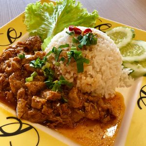 Fake-Chicken-Stew with Steamed Rice at Talalask - Central World Mall in Bangkok
